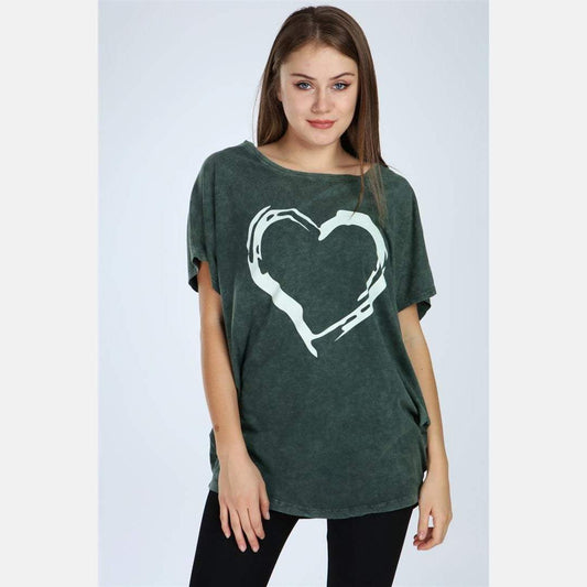 Green Stone Washed Heart Cotton Women Top