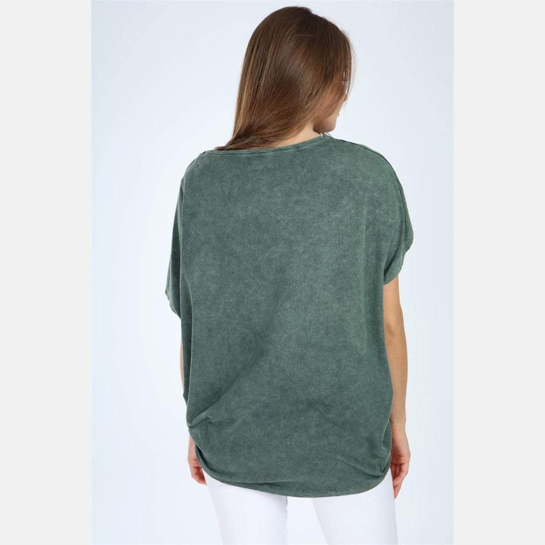 Navy Stone Washed Lip Printed Cotton Women Top
