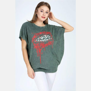 Green Stone Washed Lip Printed Cotton Women Top