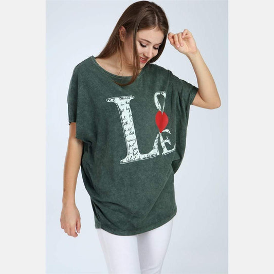 Green Stone Washed Love Cotton Women Top