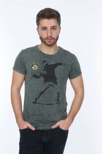 Green Stone Washed The Flower Bomb Thrower by Banksy Printed Cotton T-shirt Tee Top Timya Wholesale S-Ponder