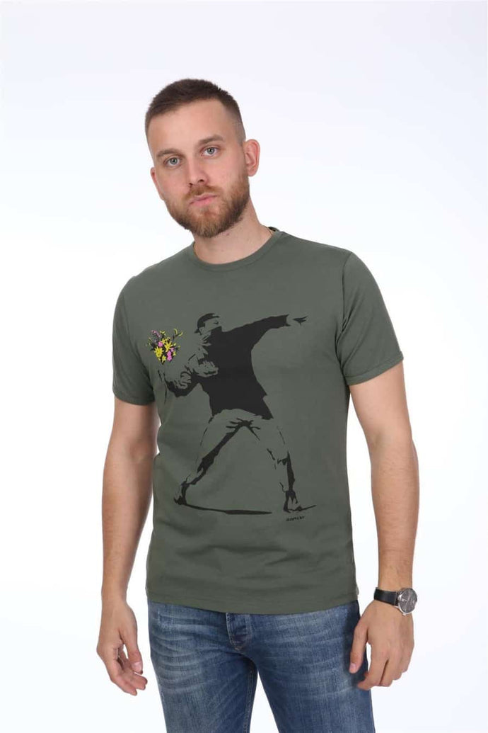 Green The Flower Bomb Thrower by Banksy Printed Cotton T-Shirt Tee Top Timya Wholesale S-Ponder