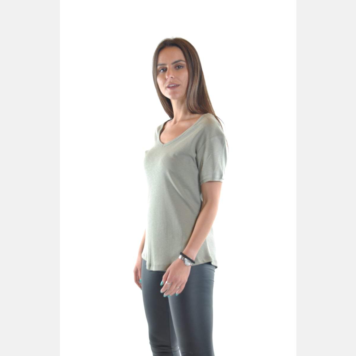 Green V Neck Cotton Women T-Shirt