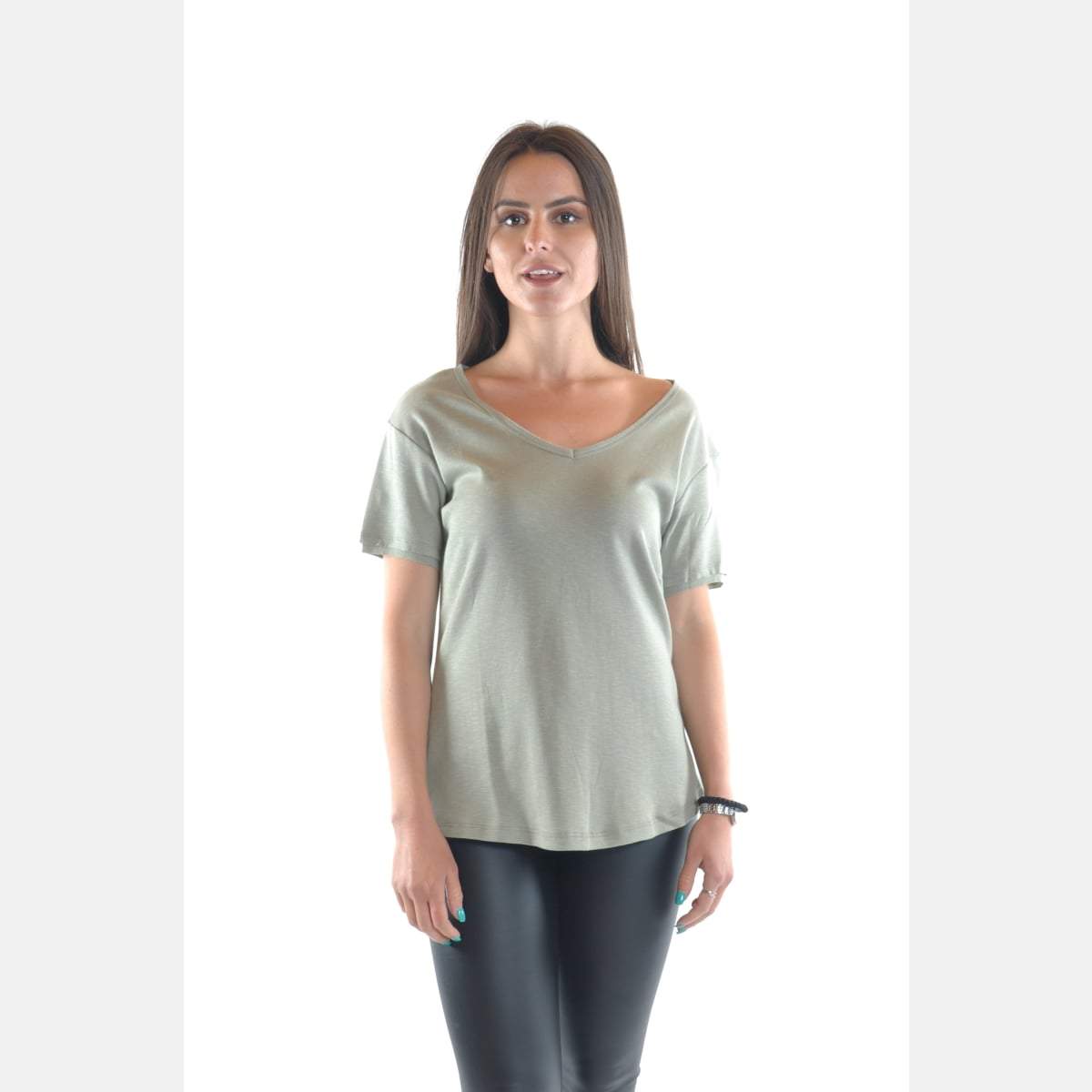Green V Neck Cotton Women T-Shirt
