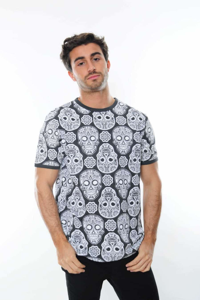 Grey Full Mexican Skull Printed Cotton T-Shirt Tee Top Timya Wholesale S-Ponder