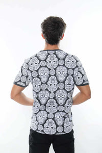 Grey Full Mexican Skull Printed Cotton T-Shirt - S-Ponder Shop