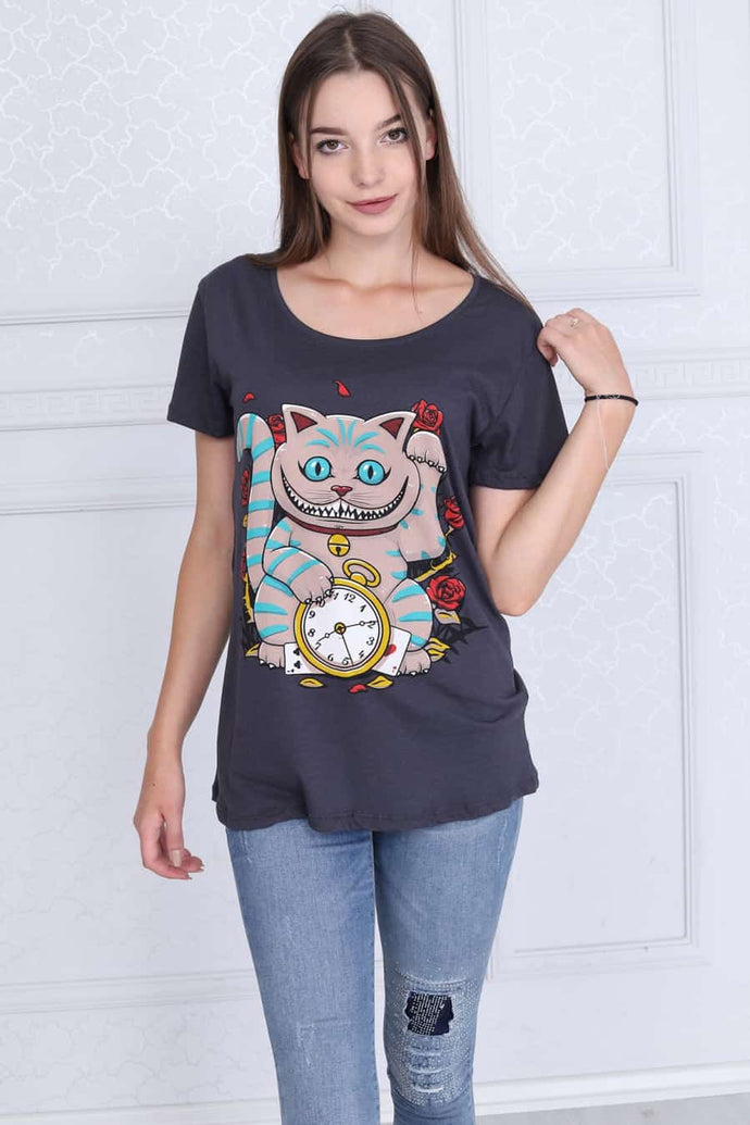 Grey Maneki Cat Printed Cotton Woman T-Shirt, Tee, Top Timya Wholesale S-Ponder