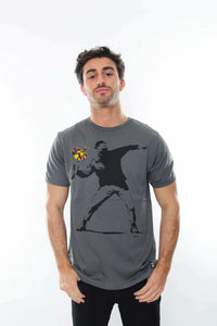 Grey The Flower Bomb Thrower by Banksy Printed Cotton T-Shirt Tee Top Timya Wholesale S-Ponder