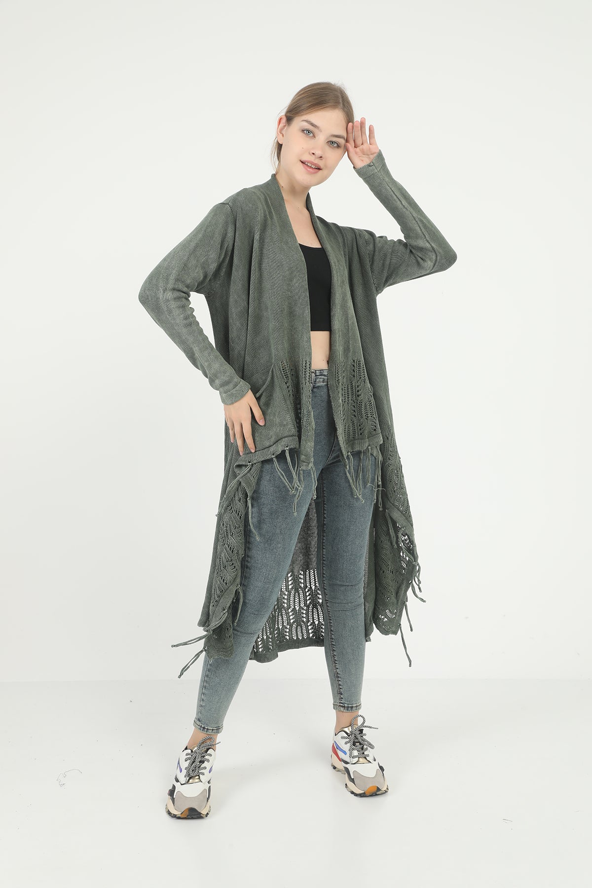 Long  Asymmetric Tassel  Washed Cotton Women  Cardigan