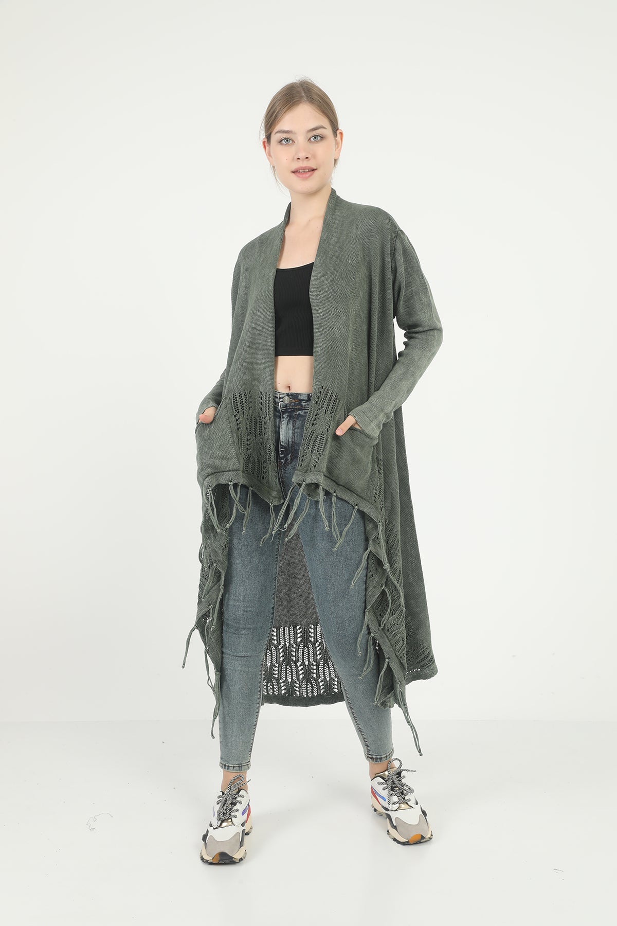 Long  Asymmetric Tassel  Washed Cotton Women  Cardigan