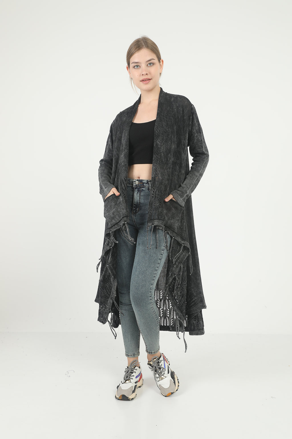 Long  Asymmetric Tassel  Washed Cotton Women  Cardigan