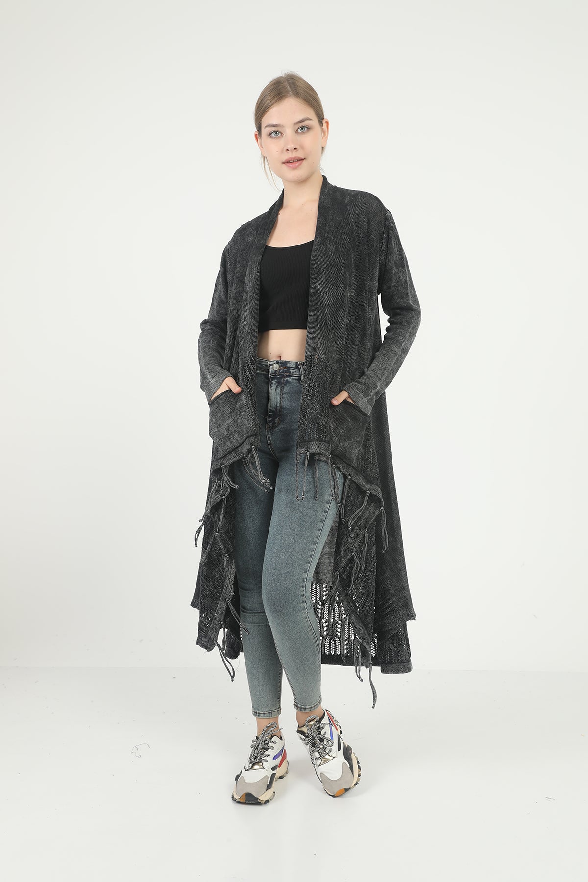 Long  Asymmetric Tassel  Washed Cotton Women  Cardigan