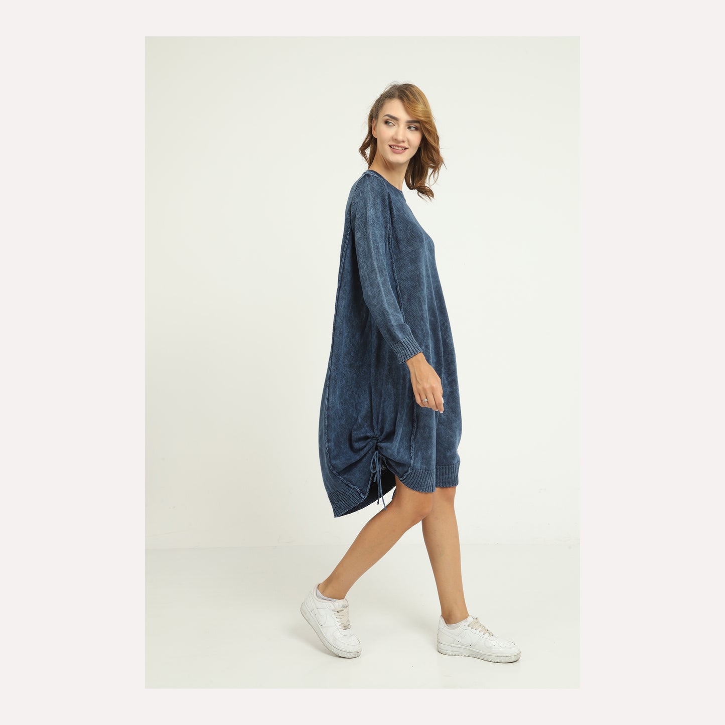 Stone Washed Midi Pull String Midi Dress