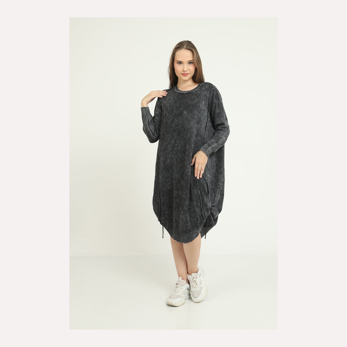 Stone Washed Midi Pull String Midi Dress