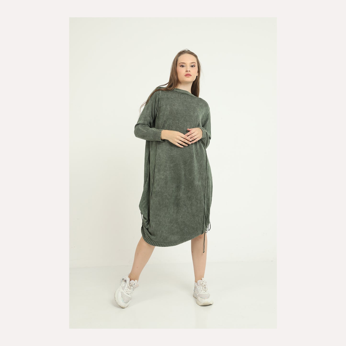 Stone Washed Midi Pull String Midi Dress