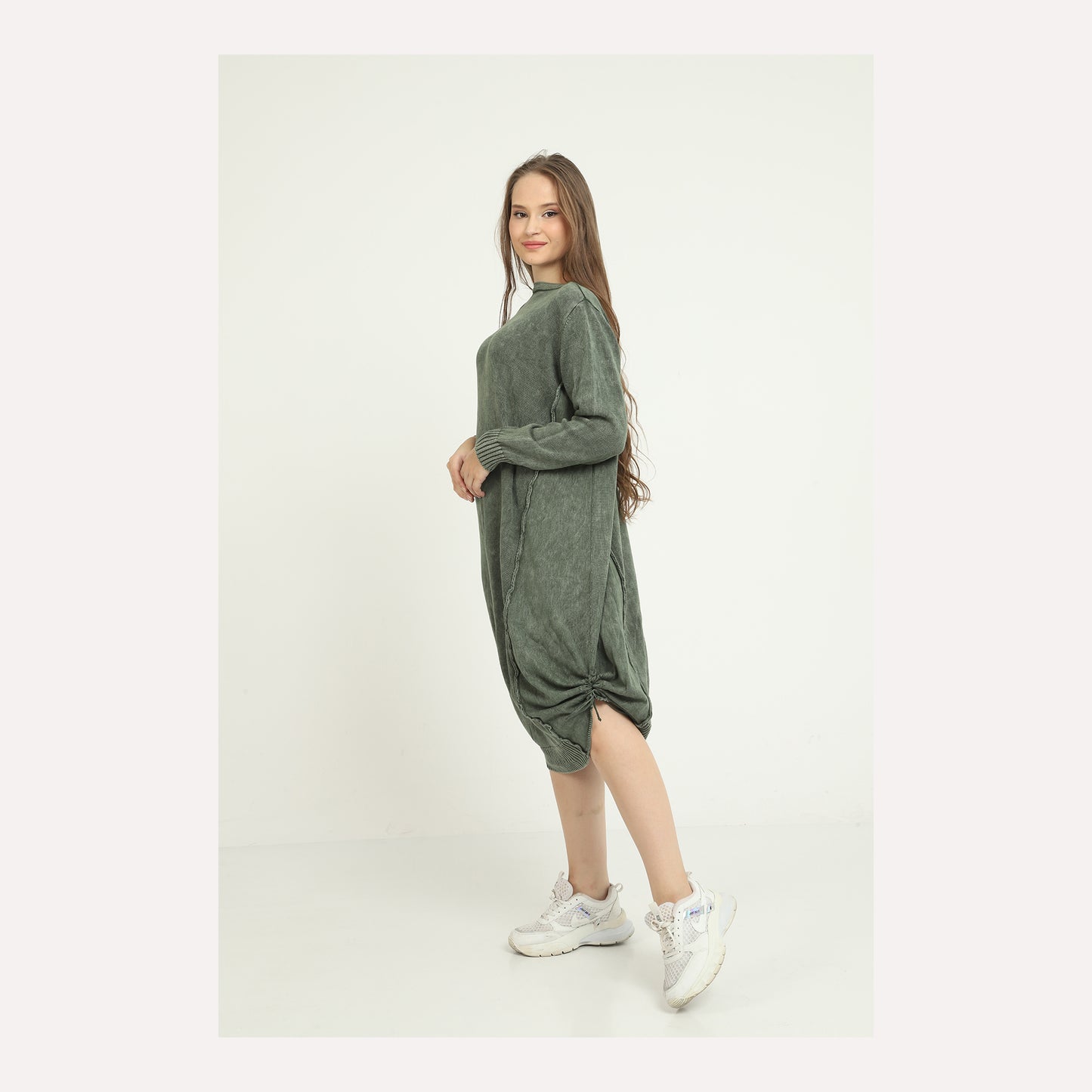 Stone Washed Midi Pull String Midi Dress