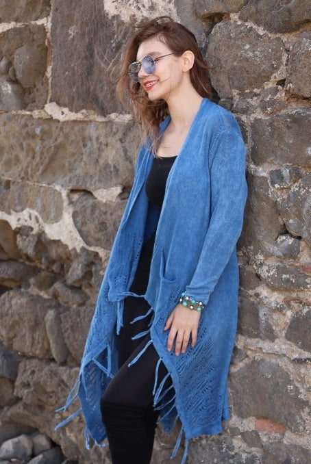 Long  Asymmetric Tassel  Washed Cotton Women  Cardigan