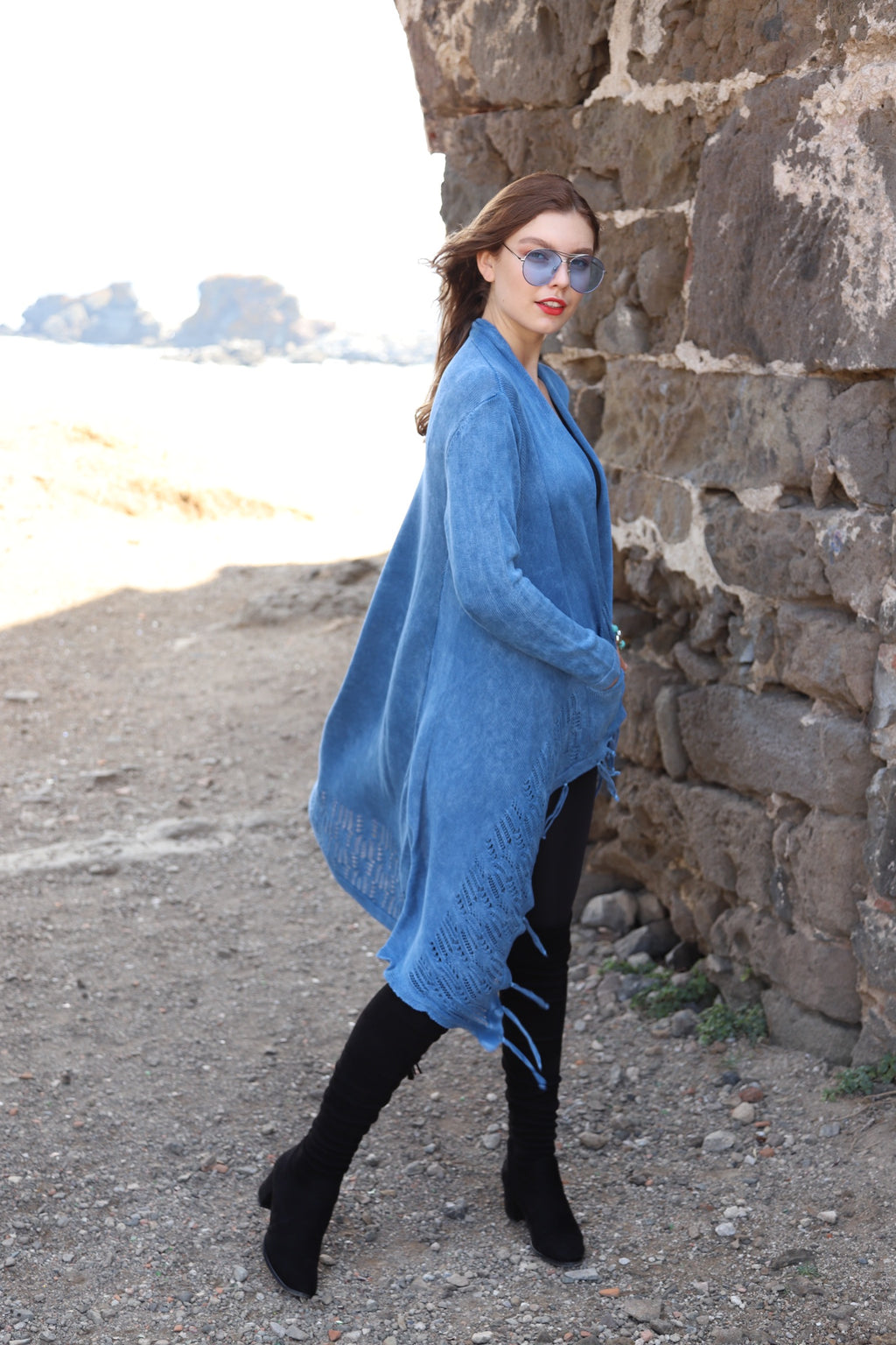 Long  Asymmetric Tassel  Washed Cotton Women  Cardigan