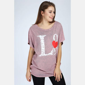 Pink Stone Washed Love Cotton Women Top