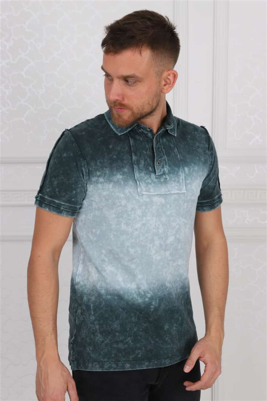 Shaded Green Stone Washed Cotton Men Polo T-Shirt Timya Wholesale S-Ponder
