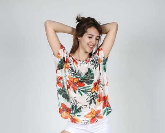 White Floral Print Cotton Women Balloon T-Shirt Tee Top Blousse Timya Wholesale S-Ponder