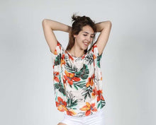 Load image into Gallery viewer, White Floral Print Cotton Women Balloon T-Shirt Tee Top Blousse Timya Wholesale S-Ponder
