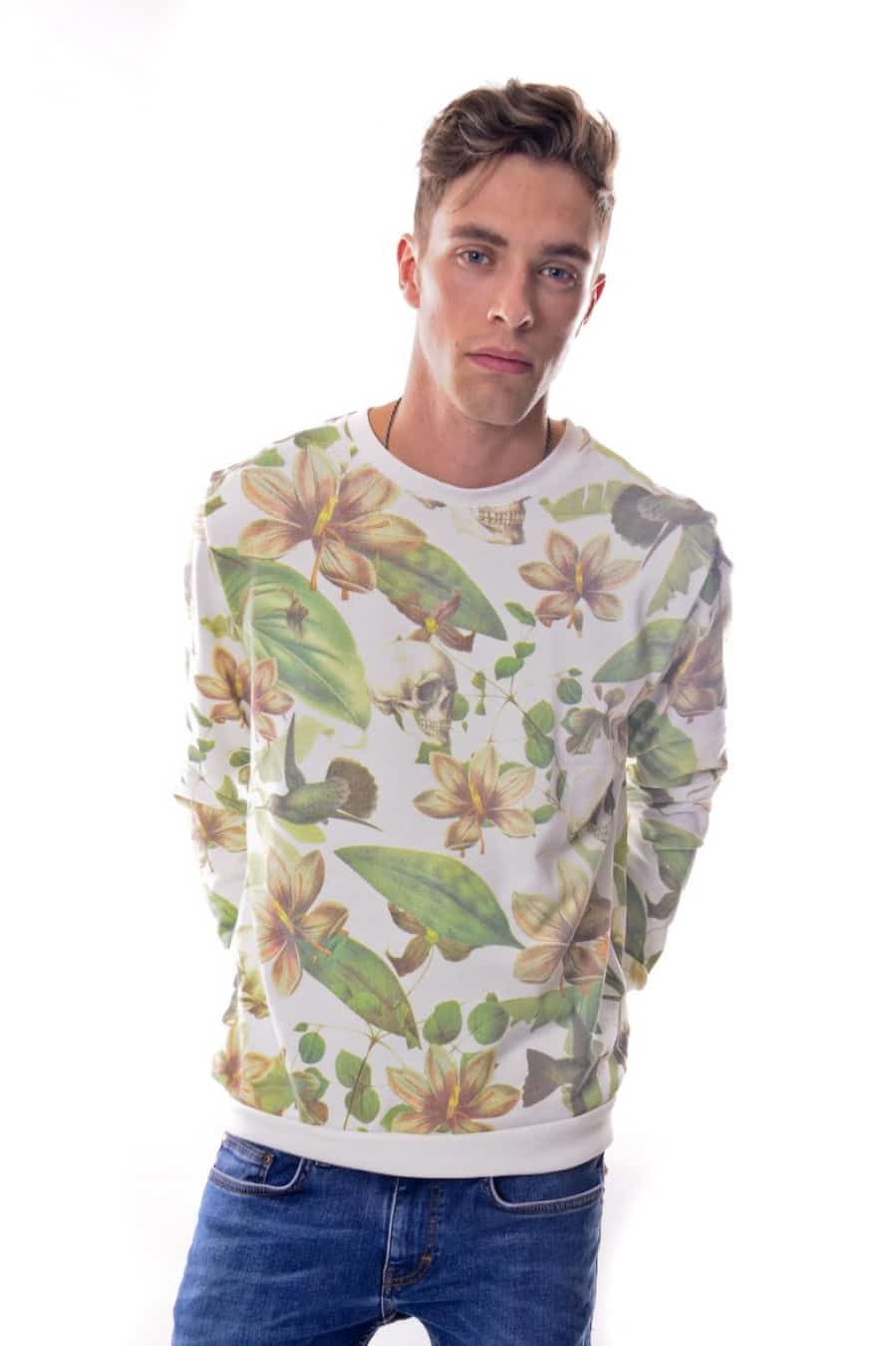 White Flower Skull Printed Cotton Sweatshirt Timya Wholesale S-Ponder